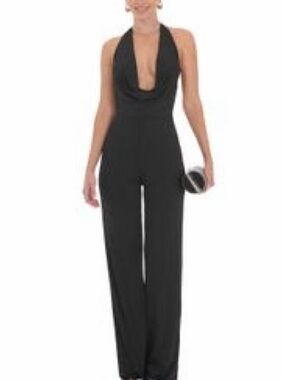 Plunge Cowl Neck Black Halter Jumpsuit BNWT